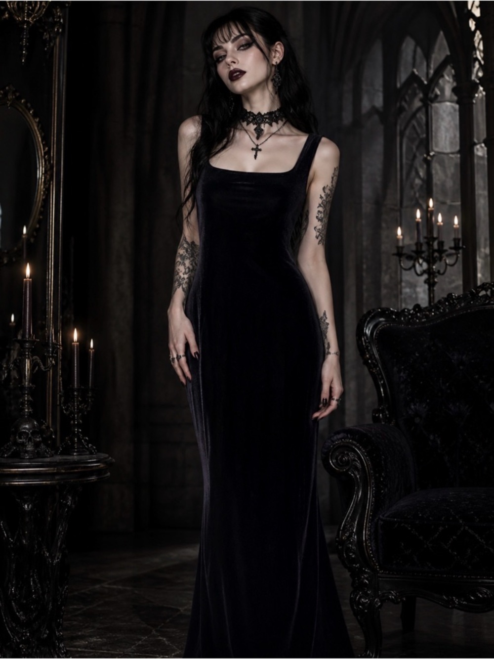 Vintage Shelli Segal Gothic Velvet Dark Romantic Square Neck Bodycon Maxi Dress